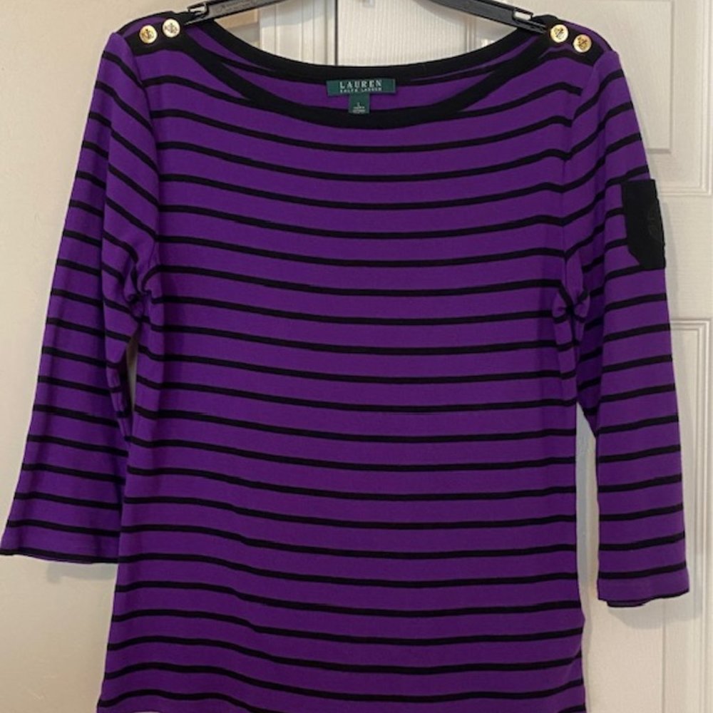 LRL Ralph Lauren Purple/Black Striped 3/4 Sleeve Pullover Top - L